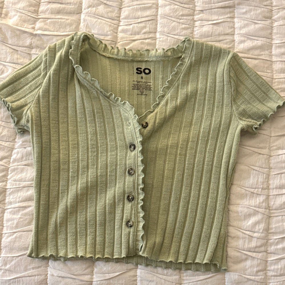 SO Women's Light Green Ribbed Button-Down Shirt